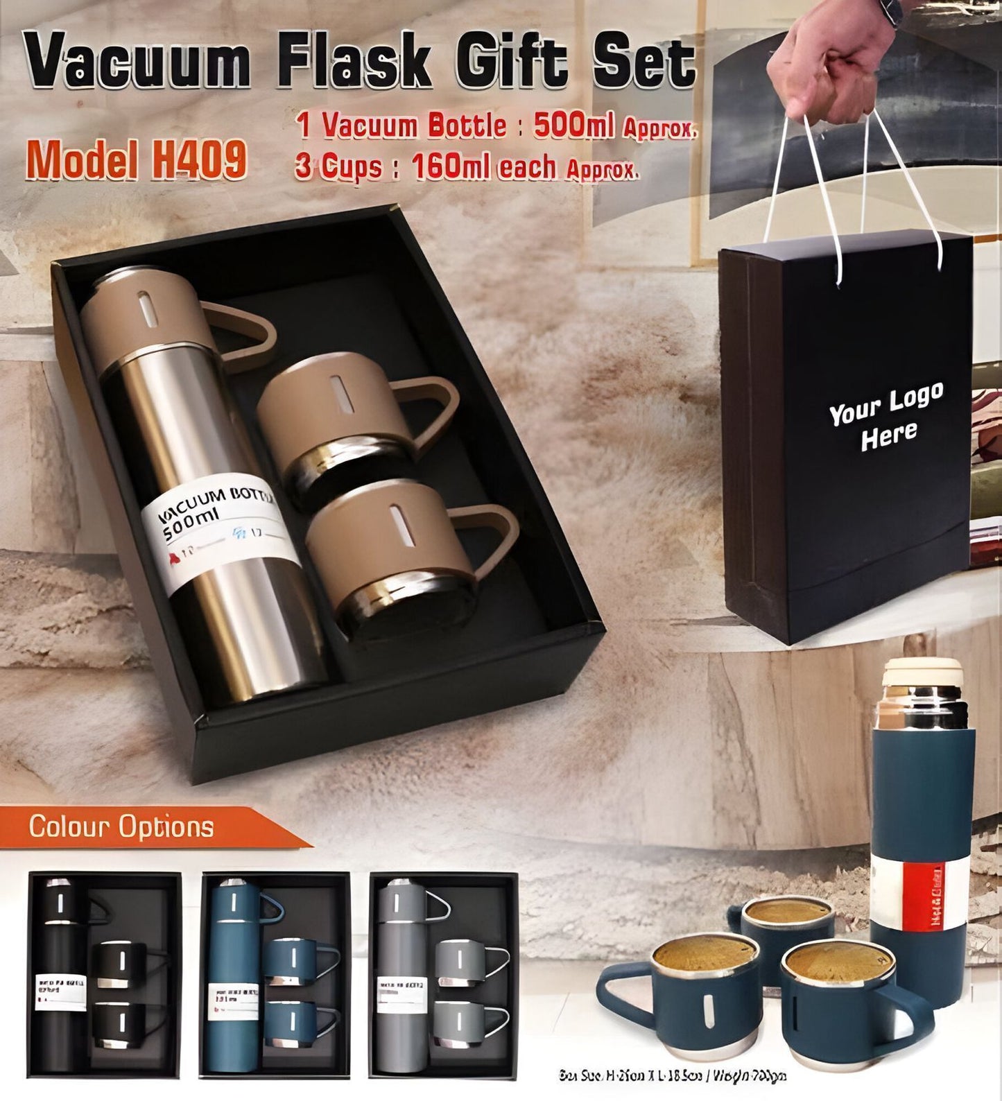 Stainless Steel Vacuum Flaskk Bottle with 3 Extra Glasses and 🎁 Gift Box