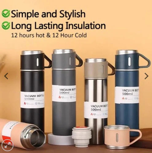 Stainless Steel Vacuum Flaskk Bottle with 3 Extra Glasses and 🎁 Gift Box