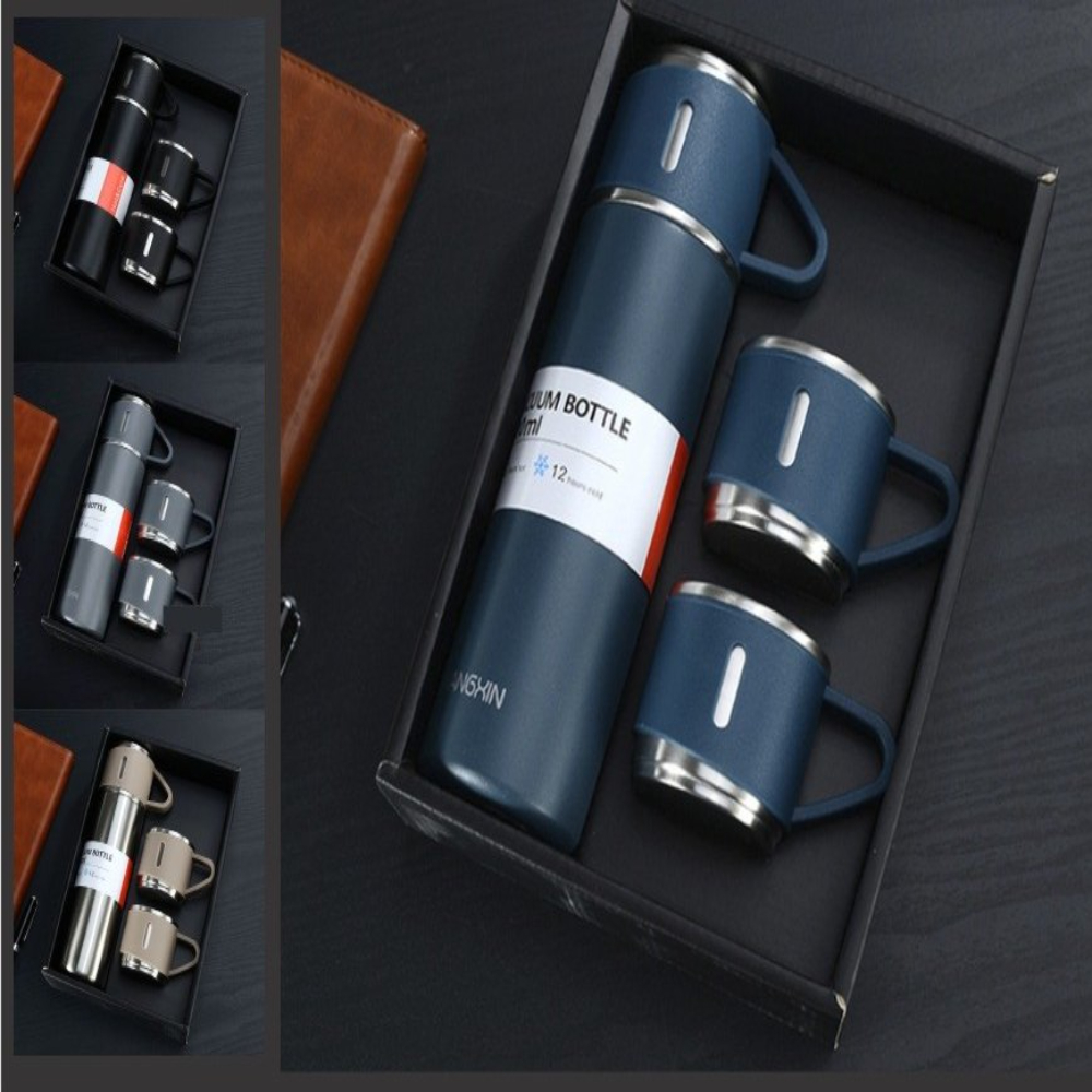 Stainless Steel Vacuum Flaskk Bottle with 3 Extra Glasses and 🎁 Gift Box