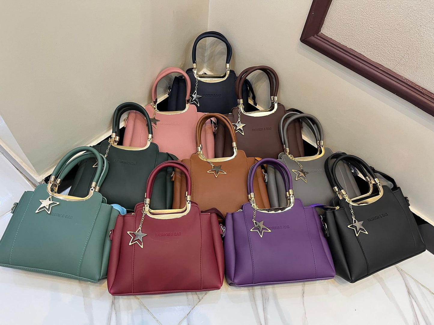 Brand fashion High Quality Cynthetic Leather Bags With Long Belt Imported Keychain 10 Beautiful Colours