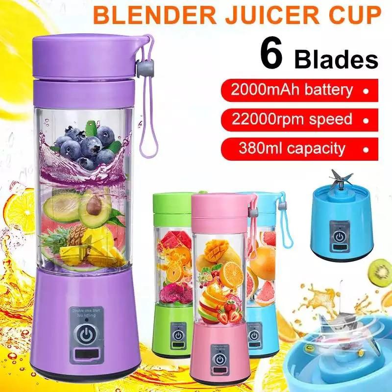 USB Rechargeable Juicer Blender 6 Blades Electric Blender Mini Portable Personal Size Juicer Cup USB Rechargeable Mixer 380ml Food Grade Water Bottle Portable Fruit Juicer Machine (Double Click Start)